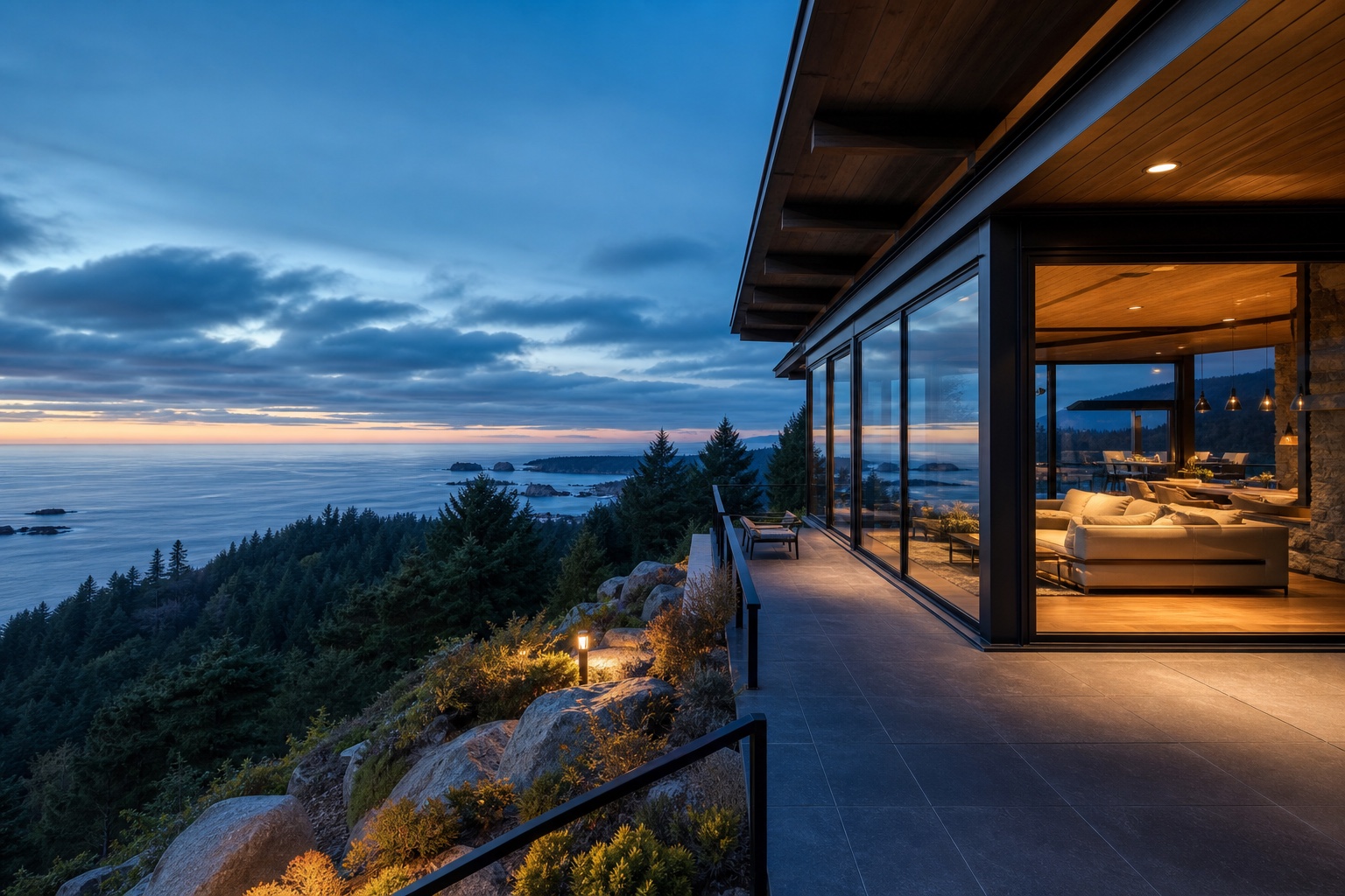 Luxury coastal glass home at dusk overlooking the Pacific