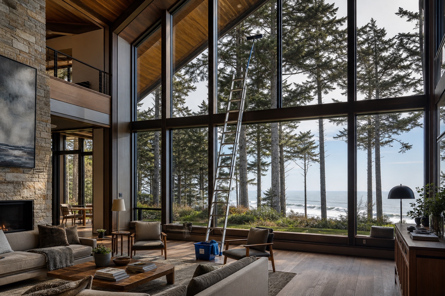 Floor-to-ceiling great-room windows on a coastal home